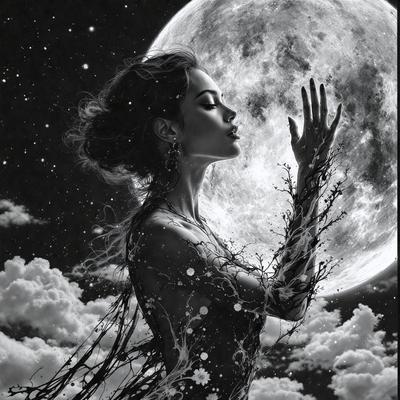 The primary subject of the image is a woman with long hair, who is standing in front of a full moon. She is wearing a dress and appears to be reaching out towards the moon. The setting is a night sky, and the visual style is a digital art or illustration. The colors and mood of the image are predominantly dark and moody, with the woman and the moon being the main focus.